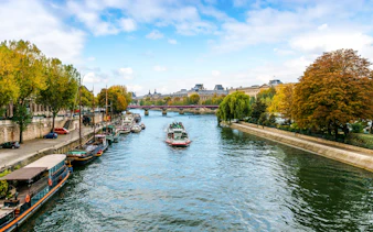 Seine River cruise boat passing under a bridge in Paris, with trees and historic buildings along the riverbank.