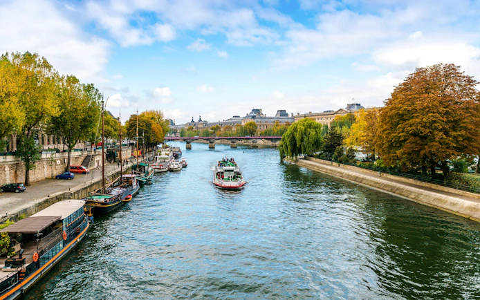Seine River cruise boat passing under a bridge in Paris, with trees and historic buildings along the riverbank.