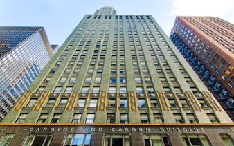 Carbide & Carbon Building facade in Chicago with art deco details.