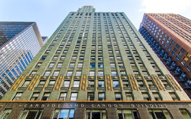 Carbide & Carbon Building facade in Chicago with art deco details.