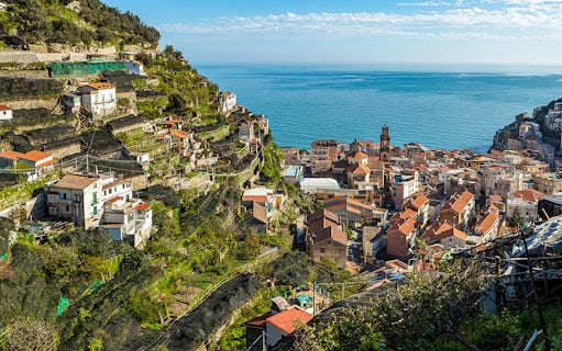 Amalfi Coast hillside village overlooking the sea, Italy.
