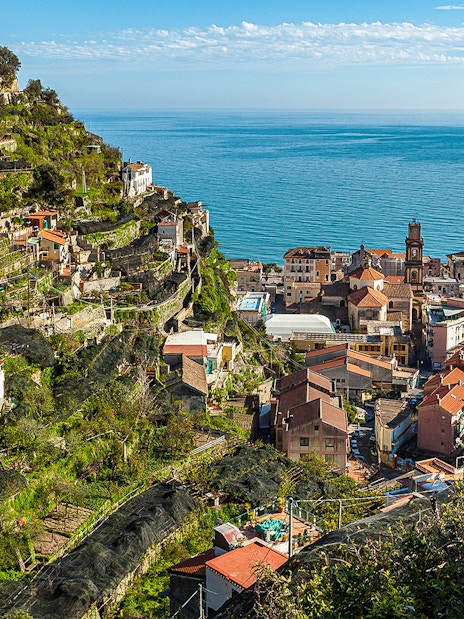 Amalfi Coast hillside village overlooking the sea, Italy.
