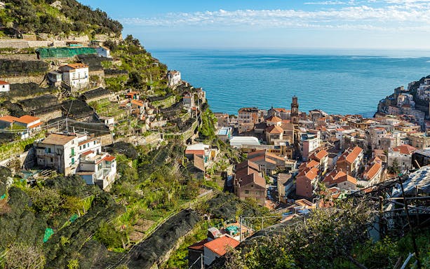 Amalfi Coast hillside village overlooking the sea, Italy.