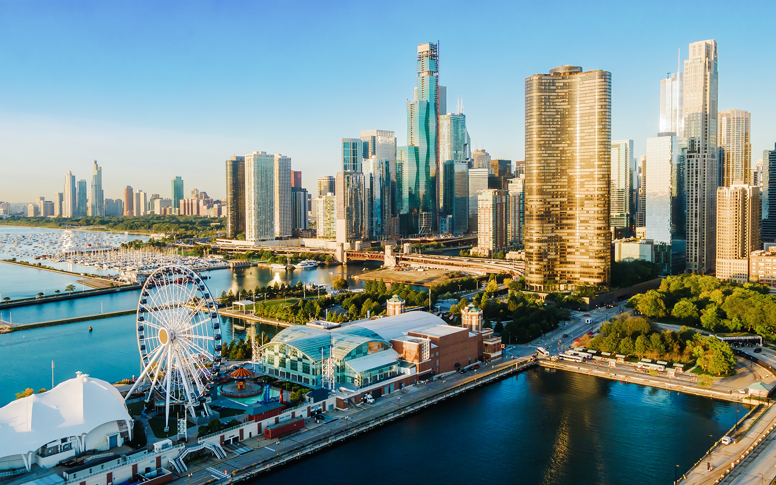 Navy Pier with Ferris wheel and Chicago skyline, Illinois.