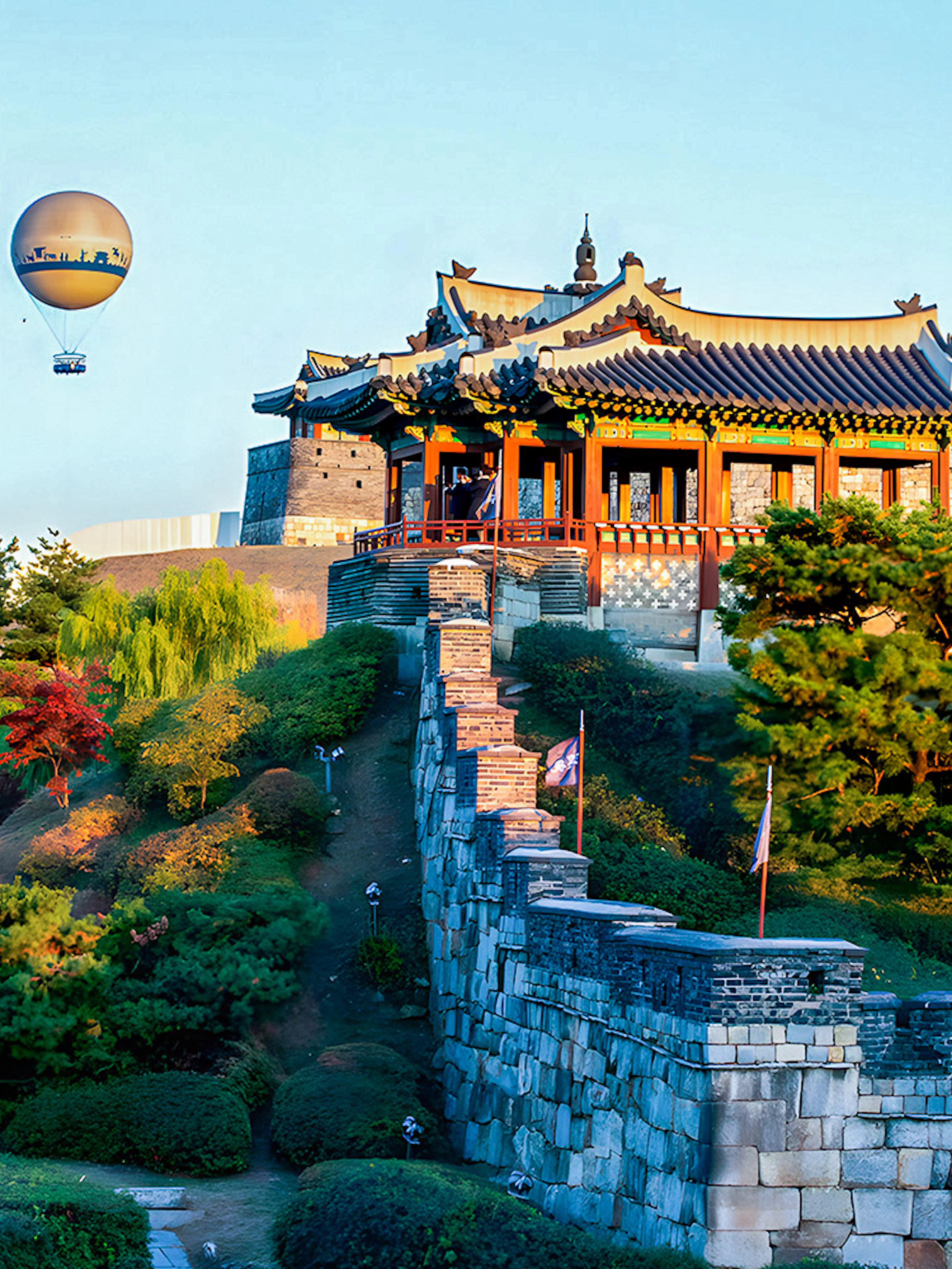 Hot air balloon over Suwon Hwaseong Fortress with autumn trees, part of Korean Folk Village tour.