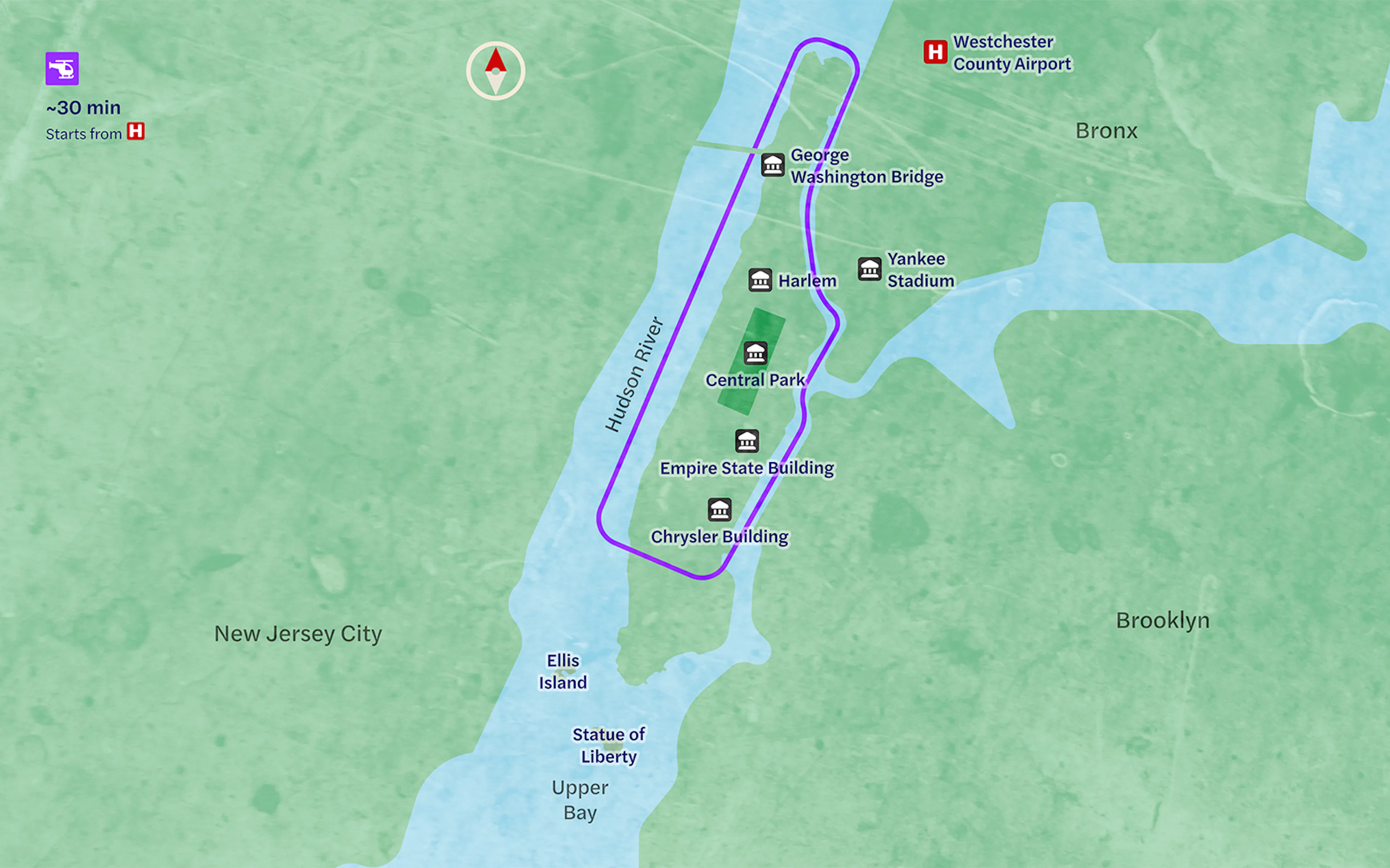 Route map of helicopter tour from Westchester over NYC landmarks like Central Park and Empire State Building.