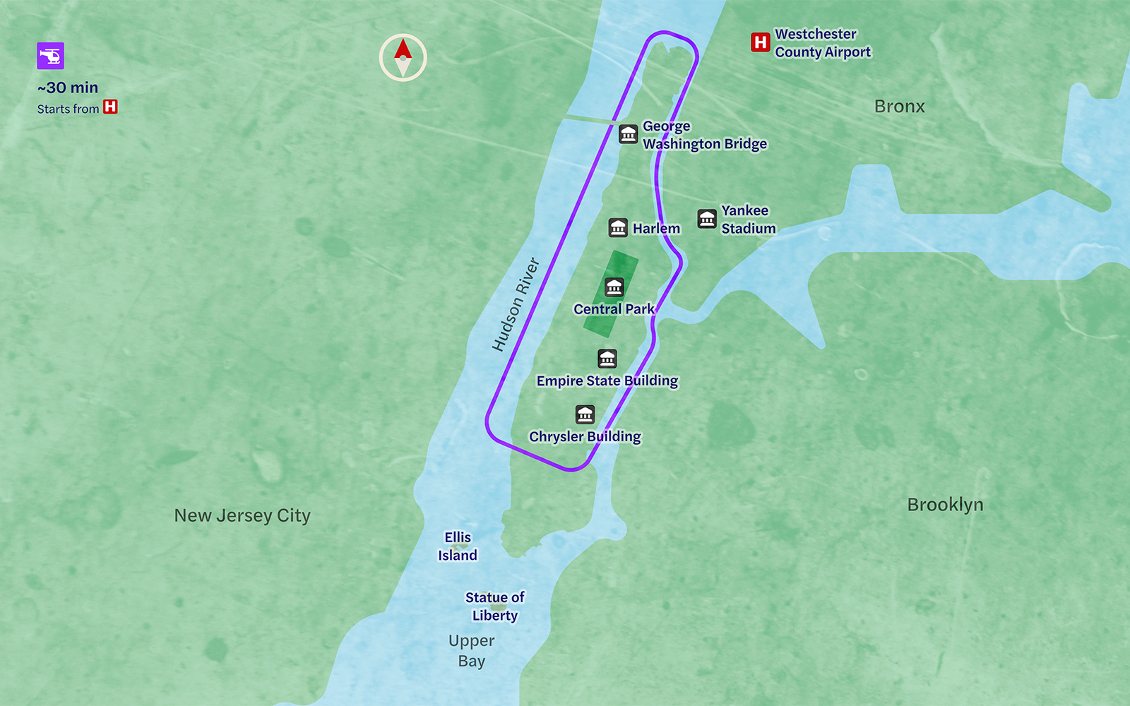 Route map of helicopter tour from Westchester over NYC landmarks like Central Park and Empire State Building.