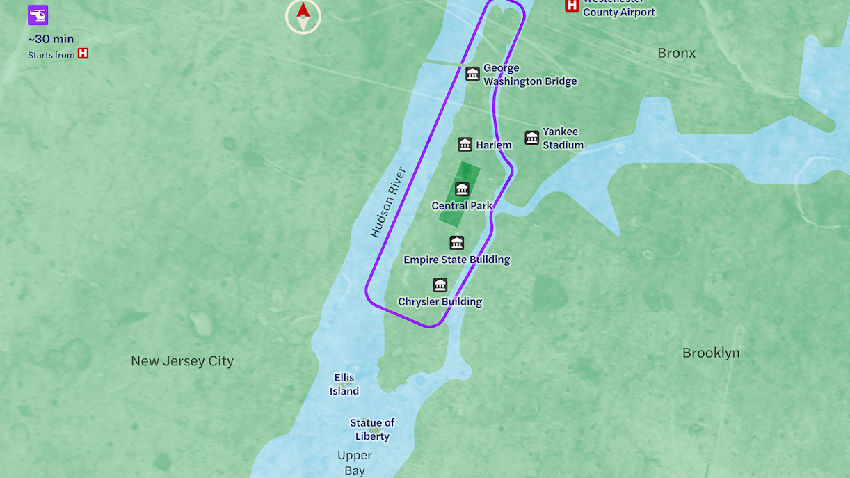 Route map of helicopter tour from Westchester over NYC landmarks like Central Park and Empire State Building.