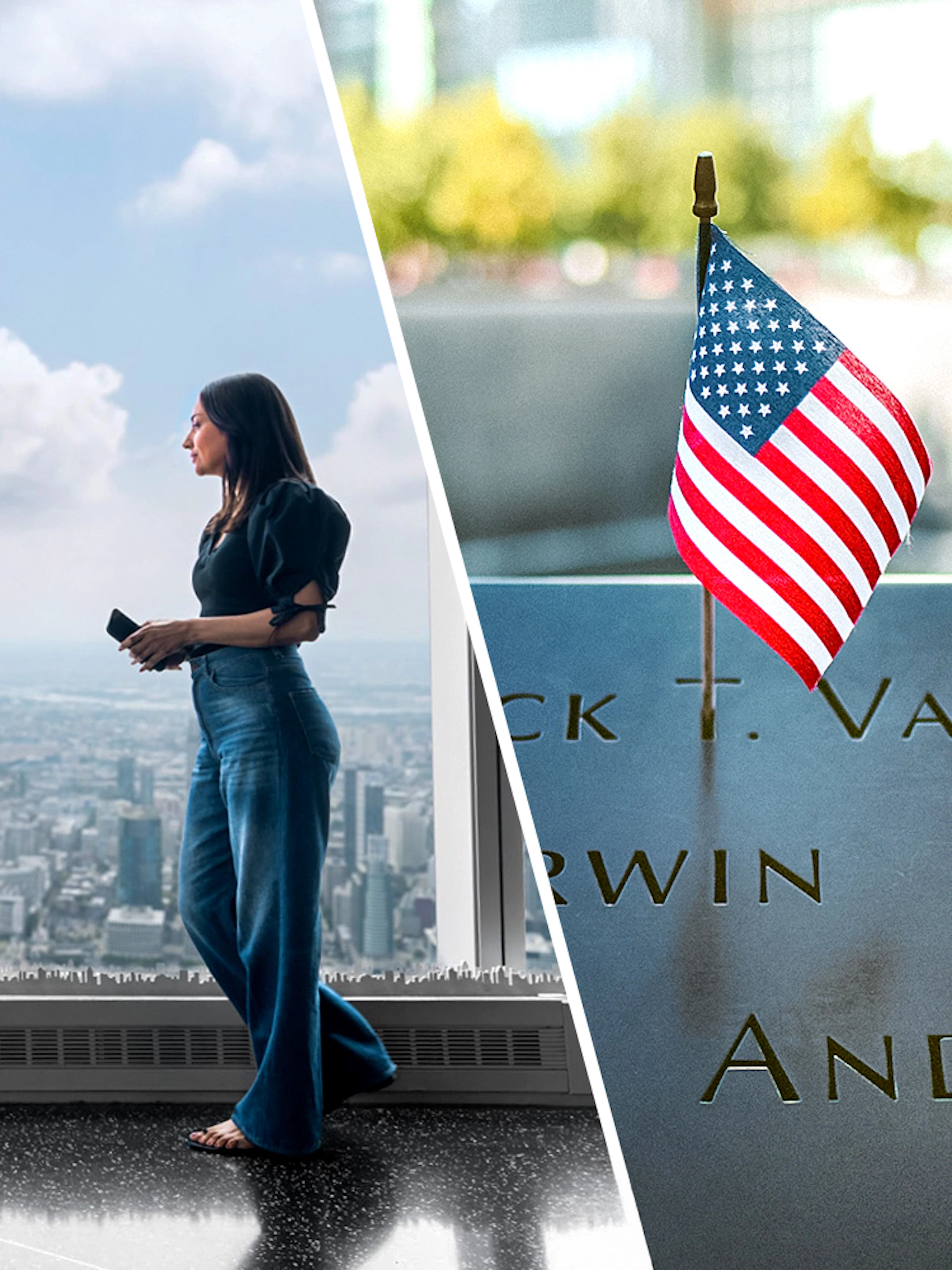 #One World Observatory view and 9/11 Memorial with American flag.