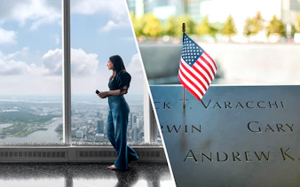 One World Observatory view and 9/11 Memorial with American flag.