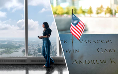 One World Observatory view and 9/11 Memorial with American flag.