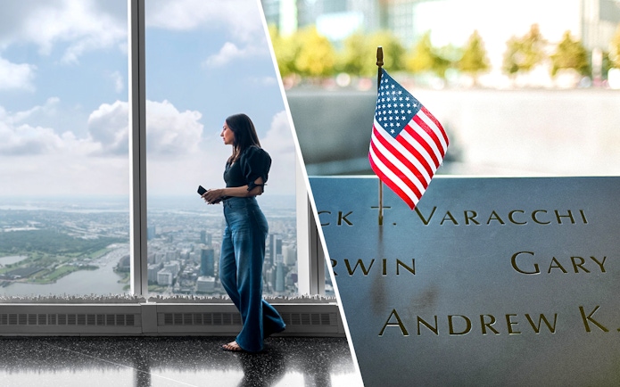 One World Observatory view and 9/11 Memorial with American flag.