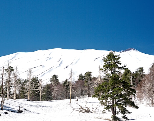 Skiers descending snowy slopes of Mount Etna, Sicily, with volcanic landscape in the background.