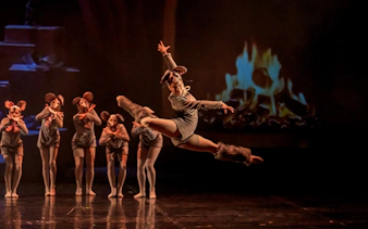 Dancers in mouse costumes perform The Nutcracker Ballet at Hybernia Theater, Prague.