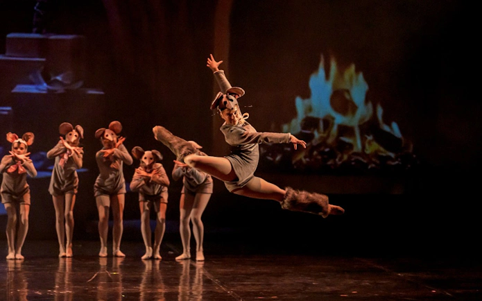 Dancers in mouse costumes perform The Nutcracker Ballet at Hybernia Theater, Prague.