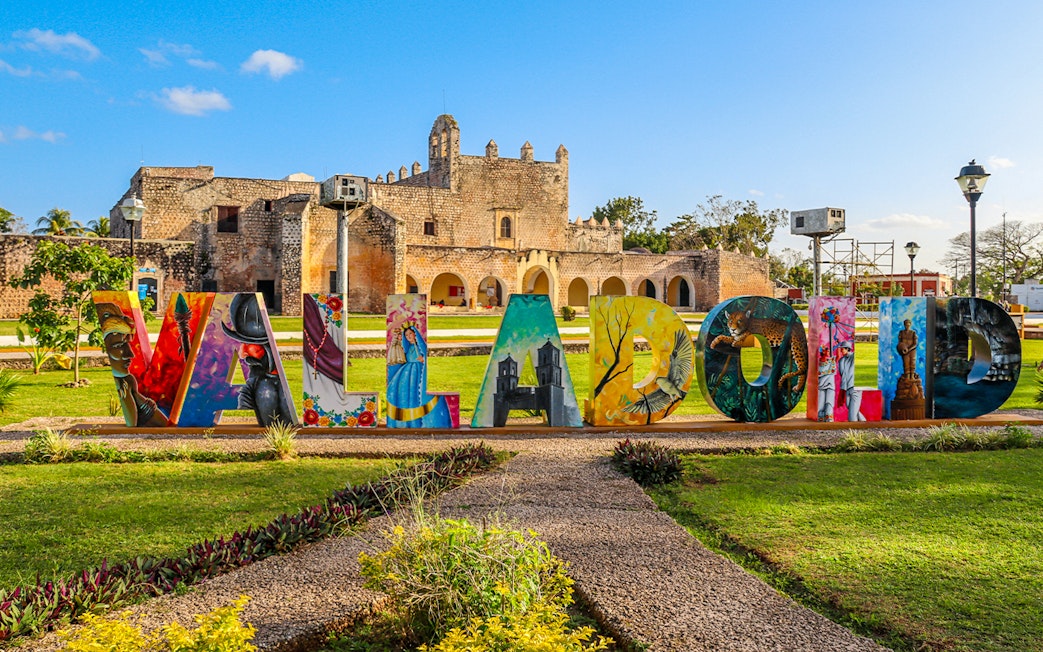Valladolid sign with colorful artwork in front of San Bernardino Convent, Valladolid, Mexico.