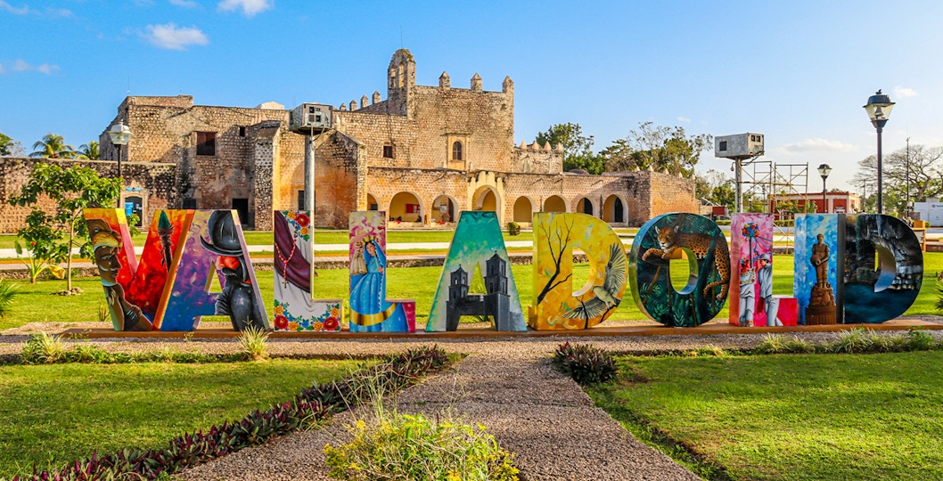 Valladolid sign with colorful artwork in front of San Bernardino Convent, Valladolid, Mexico.