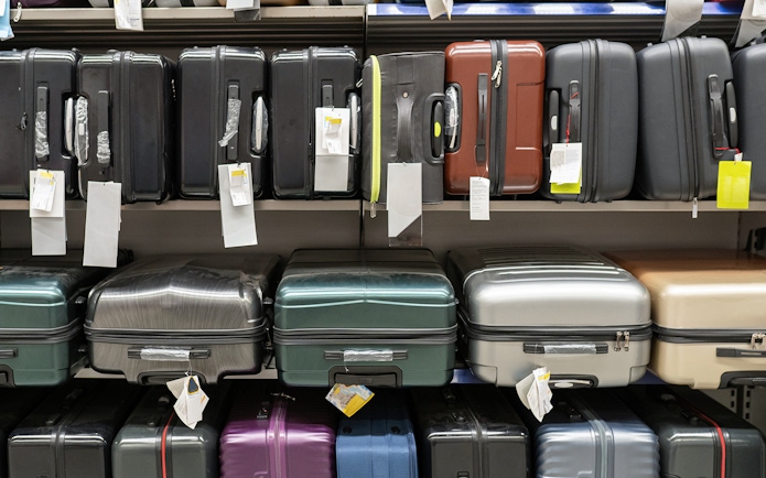 Suitcases displayed on store shelves.