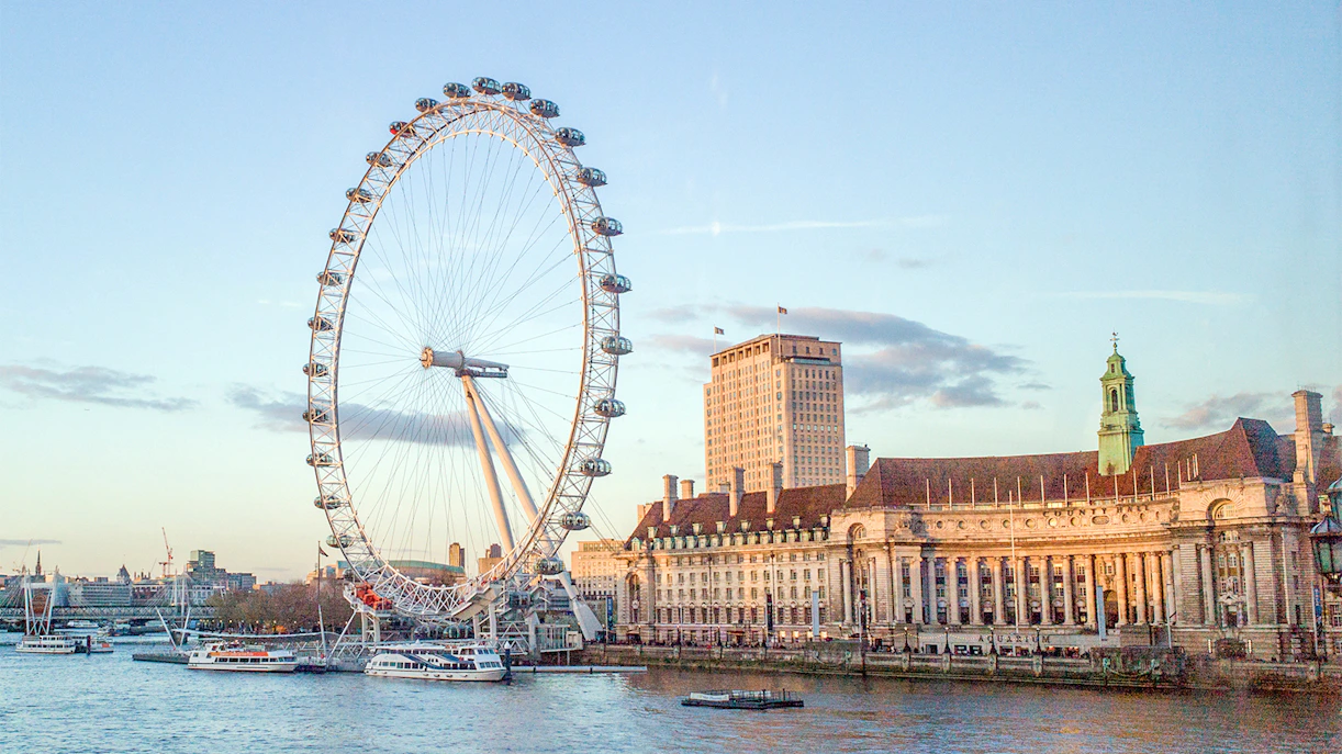 London Eye and County Hall viewed from a river cruise.
