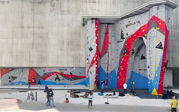 Climbers on a colorful indoor climbing wall during a bridge climbing experience.