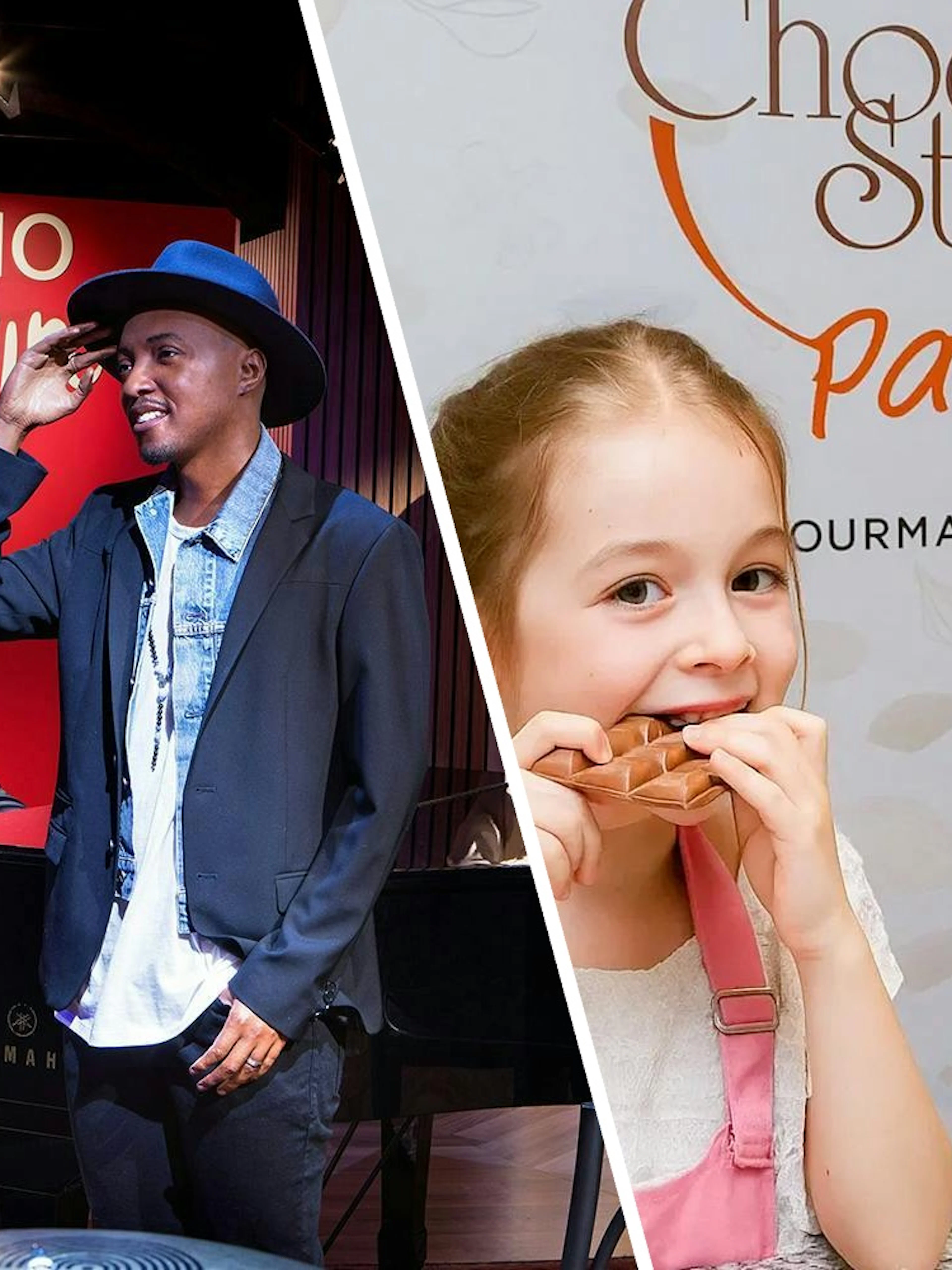 Wax figures at Grévin Paris with a child enjoying chocolate at Choco Story Paris.