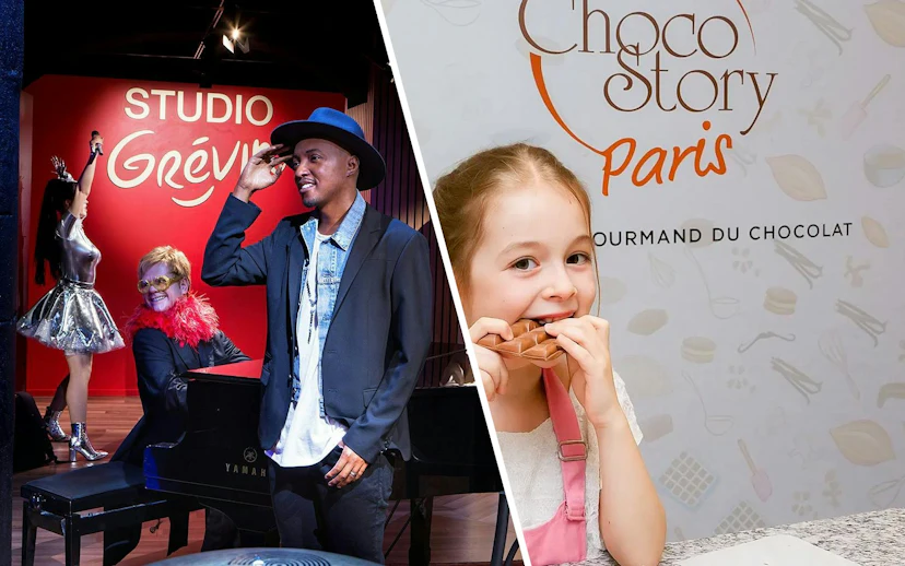 Wax figures at Grévin Paris with a child enjoying chocolate at Choco Story Paris.