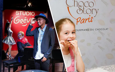 Wax figures at Grévin Paris with a child enjoying chocolate at Choco Story Paris.