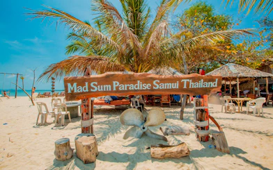 Koh Samui Pig Island beach with Mad Sum Paradise sign and palm trees.