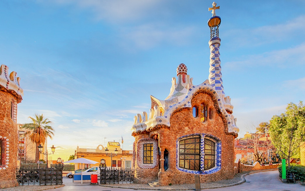 Park Güell entrance building with mosaic tower in Barcelona, Spain.