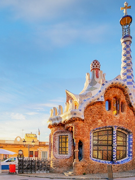 Park Güell entrance building with mosaic tower in Barcelona, Spain.