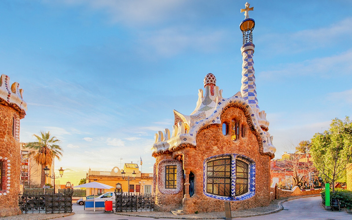 Park Güell entrance building with mosaic tower in Barcelona, Spain.