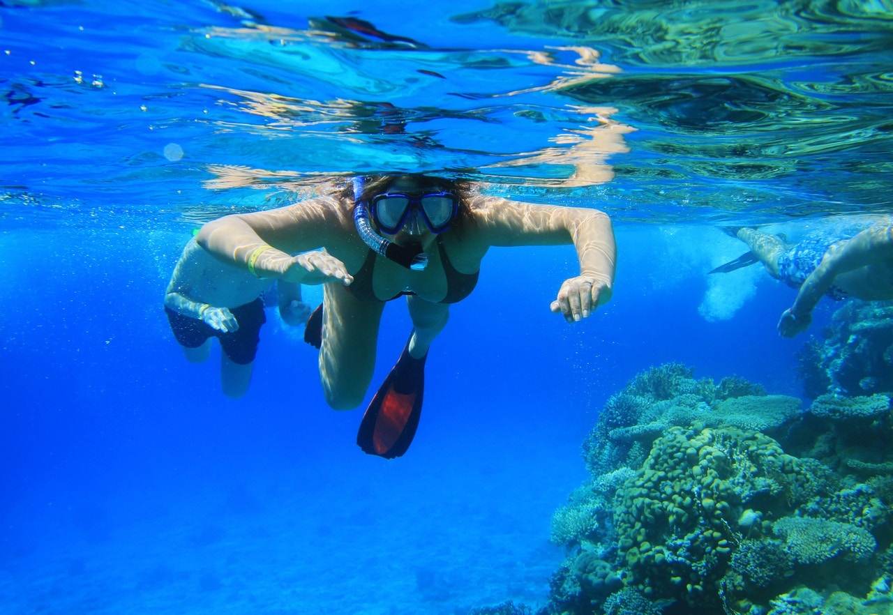 Snorkelers exploring coral reefs in the Red Sea, Hurghada.