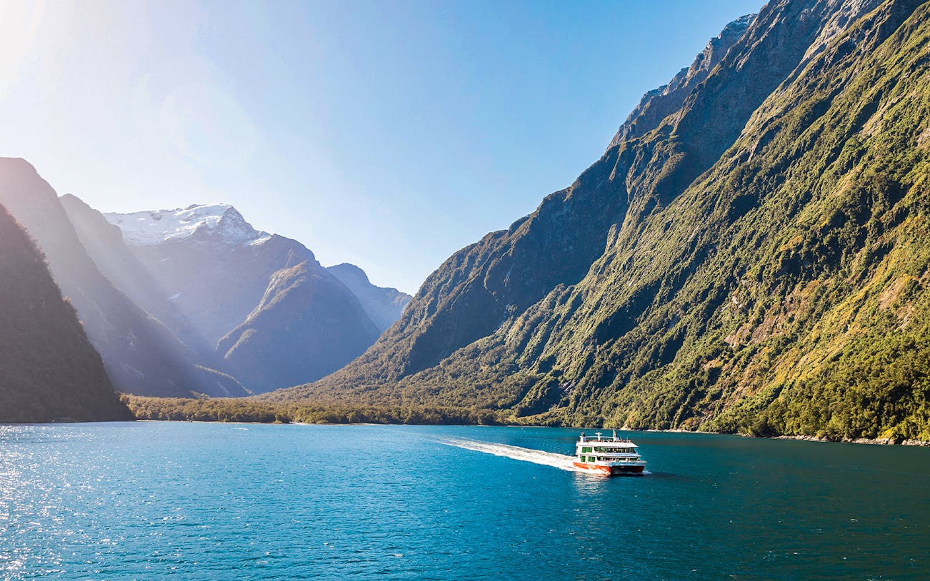 Cruise ship sailing in Harrison Cove, Milford Sound with towering mountains.