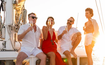 Friends enjoying a sunset cruise in Cartagena with champagne.