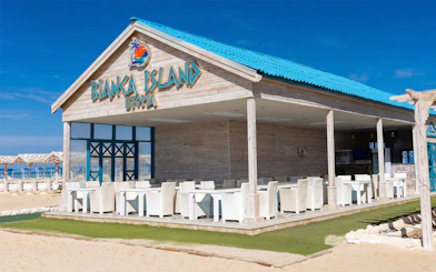 Bianca Island Utopia beachfront restaurant with outdoor seating in Hurghada.