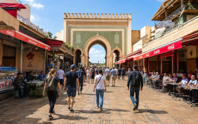 People walking through the bustling streets of Fes Medina near the iconic Bab Bou Jeloud gate.
