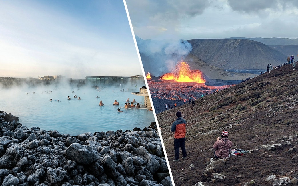 Blue Lagoon geothermal spa and Fagradalsfjall Volcano eruption in Iceland.