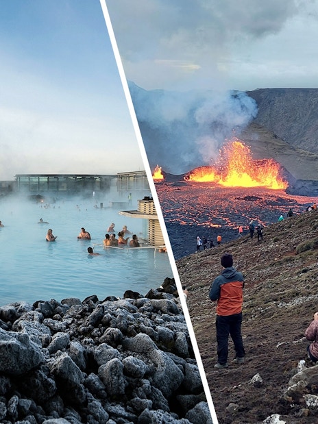 Blue Lagoon geothermal spa and Fagradalsfjall Volcano eruption in Iceland.