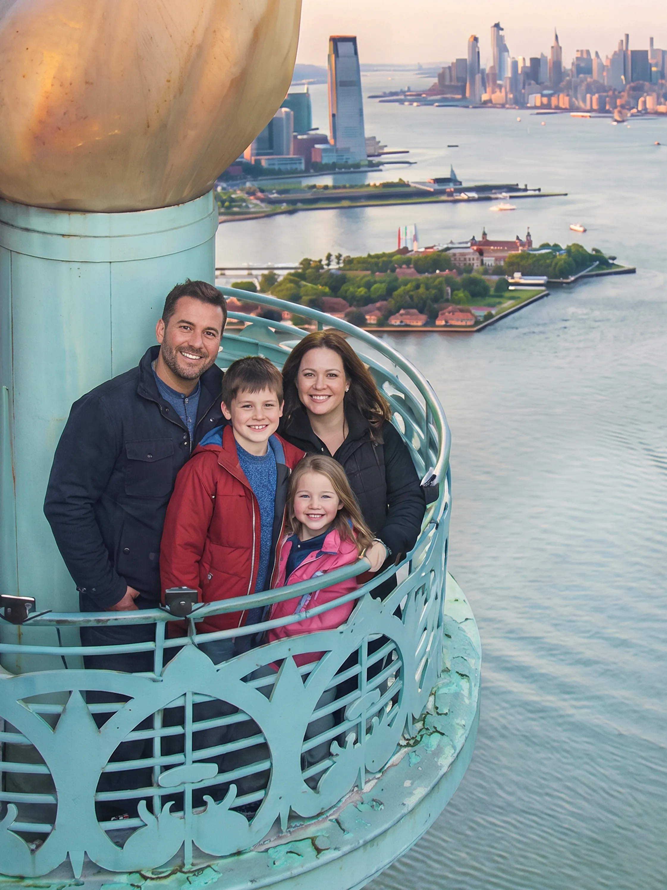 Family on the Statue of Liberty torch balcony with NYC skyline in the background.