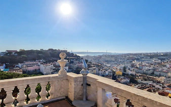 Telescope overlooking Lisbon from Church of Graca viewpoint with cityscape and bridge.
