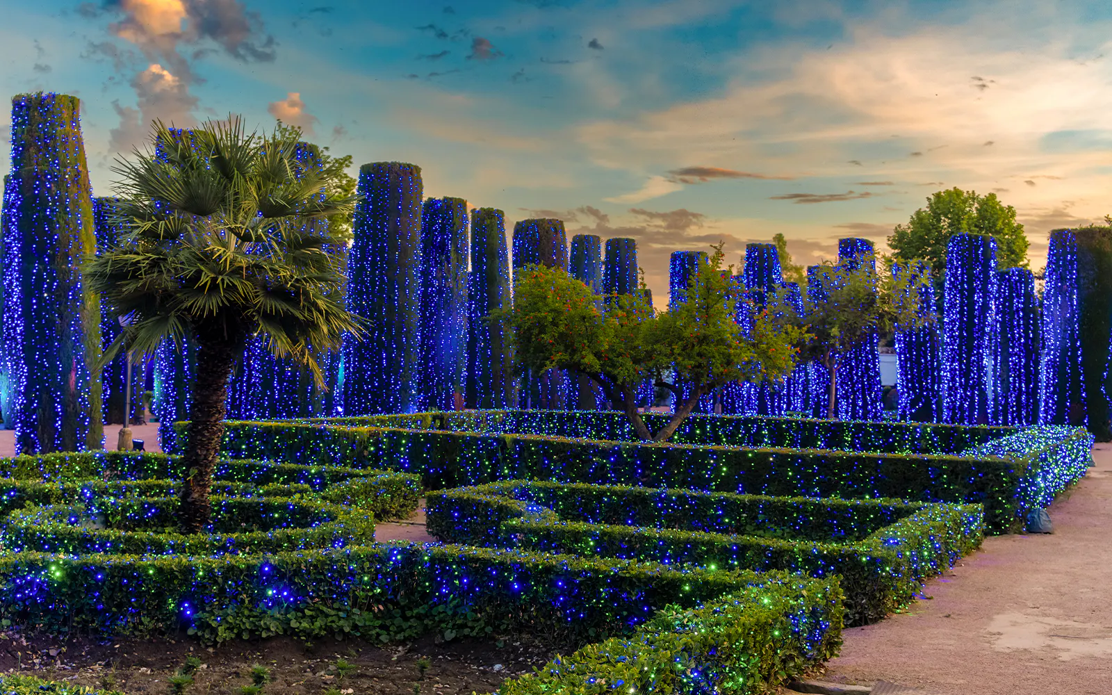 Alcazar of Cordoba garden illuminated with blue lights at night.