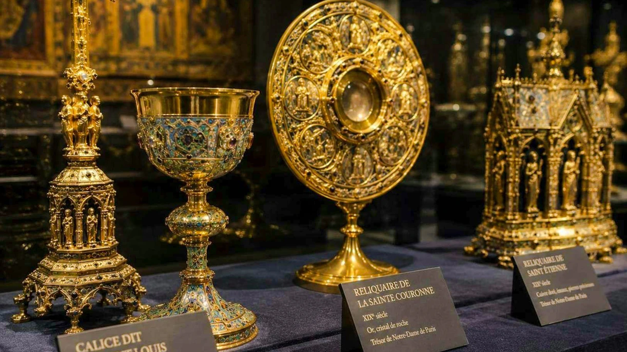 Notre-Dame treasury artifacts including ornate chalice and reliquary in Paris.