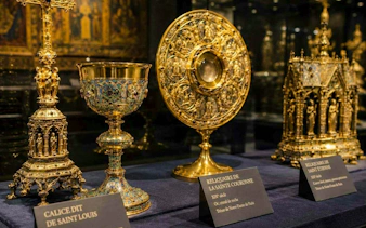 Notre-Dame treasury artifacts including ornate chalice and reliquary in Paris.