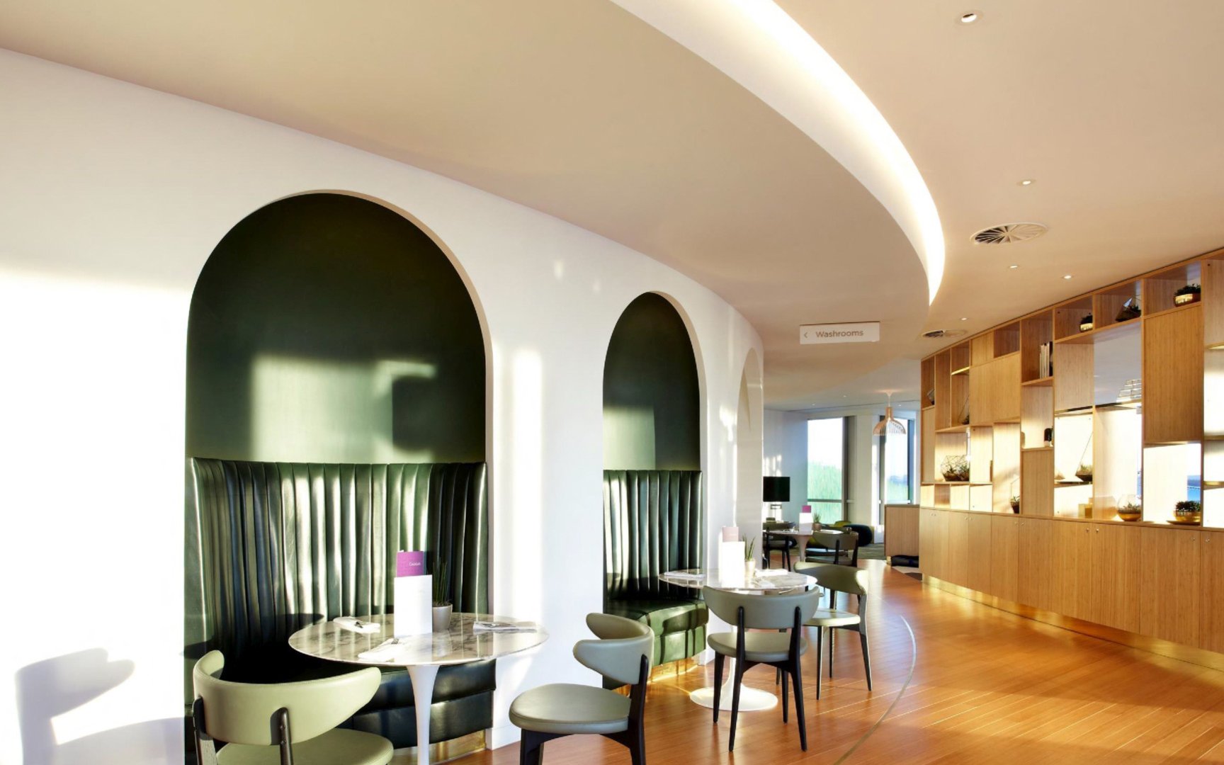 Seating area in Plaza Premium Lounge, North Terminal, London Gatwick Airport.