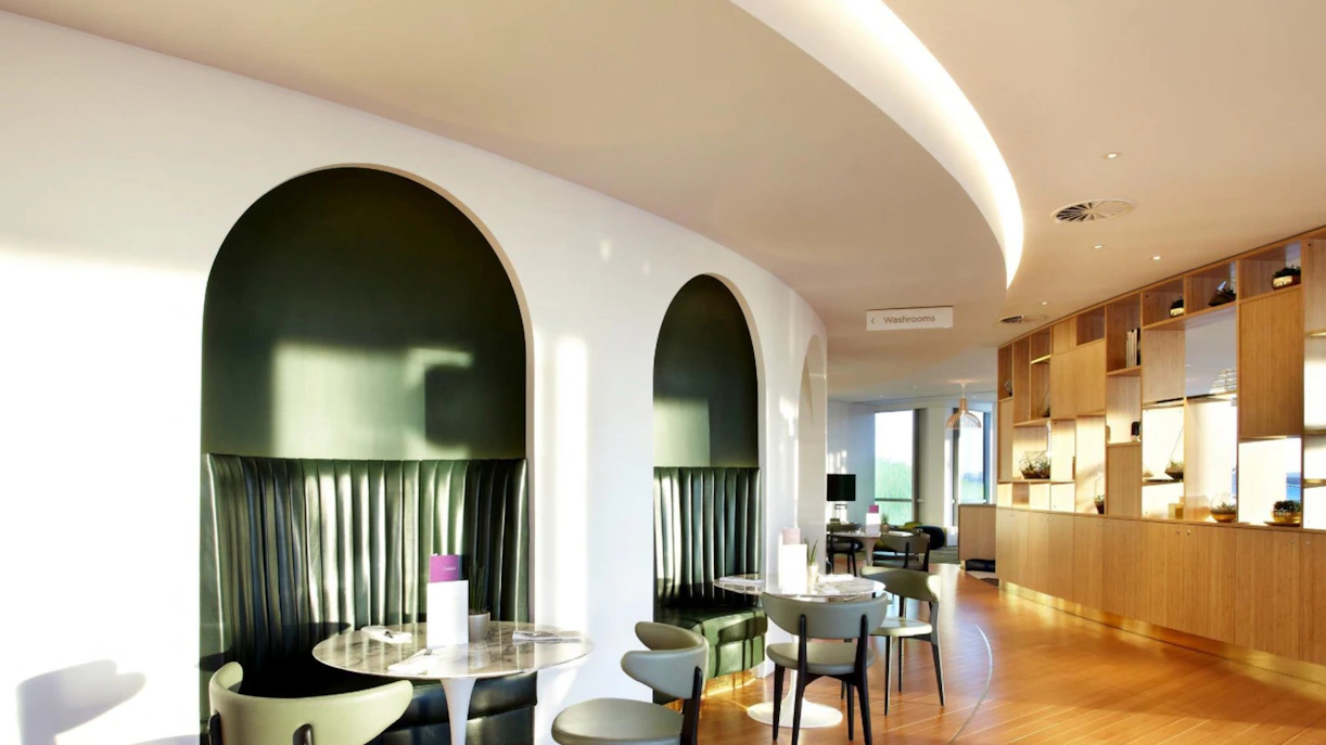 Seating area in Plaza Premium Lounge, North Terminal, London Gatwick Airport.