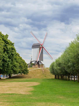 Sint Janshuismolen windmill in Bruges, Belgium, surrounded by green grass and trees.