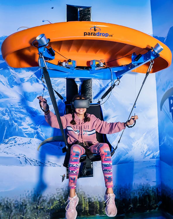 Person experiencing virtual reality paragliding at VR Park Dubai.