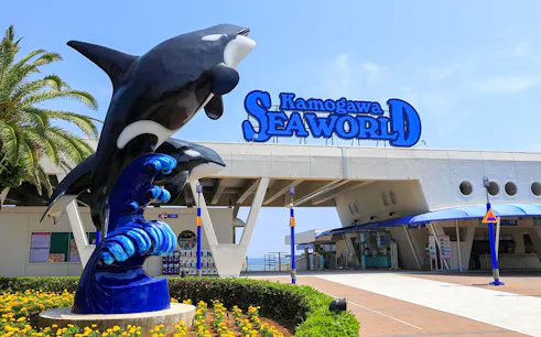 Kamogawa Sea World entrance with orca statue in Chiba, Japan.