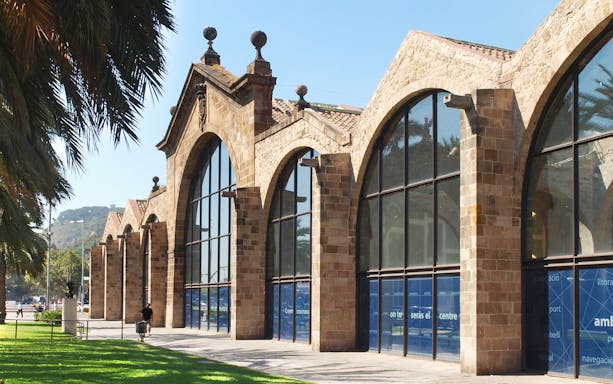 Stone arches of Barcelona's Maritime Museum with palm trees and distant hills.