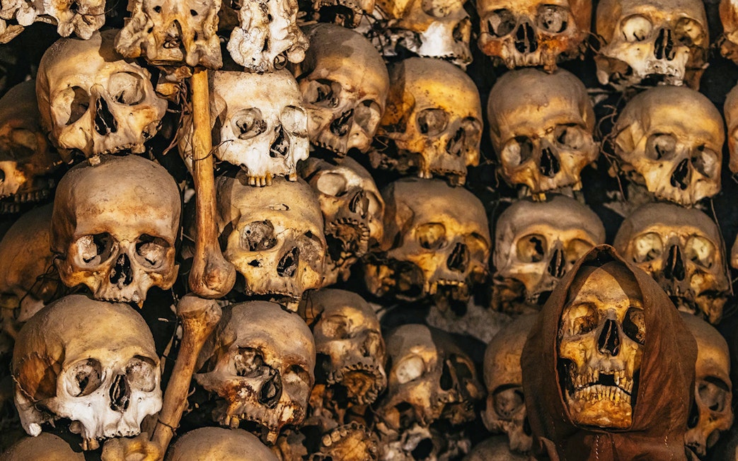 Skulls and bones in the Roman catacombs.